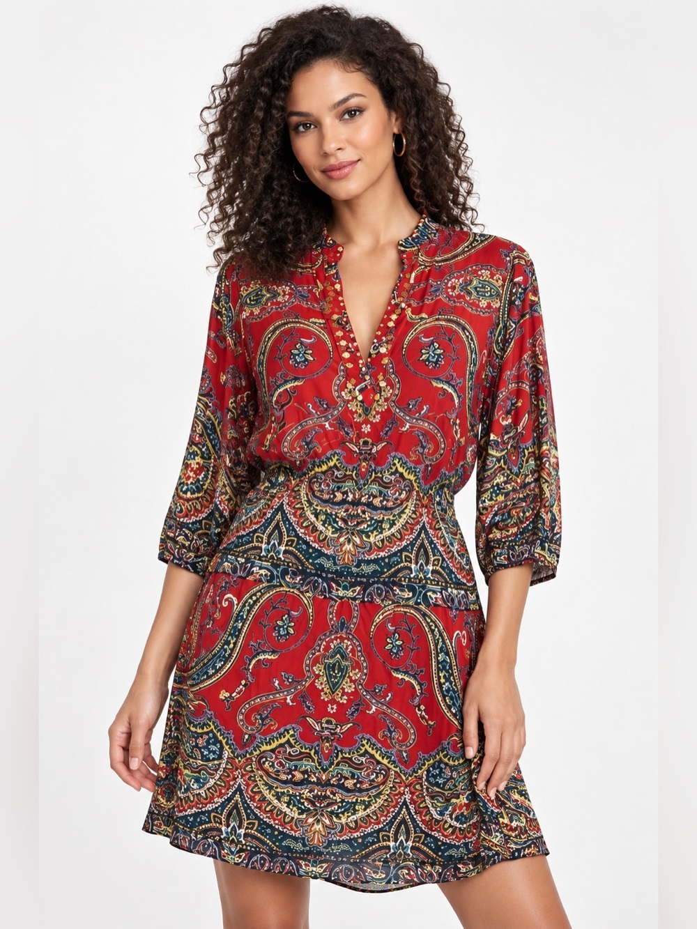 Alloy Apparel Red Paisley Beaded Stretch Midi Dress Size M